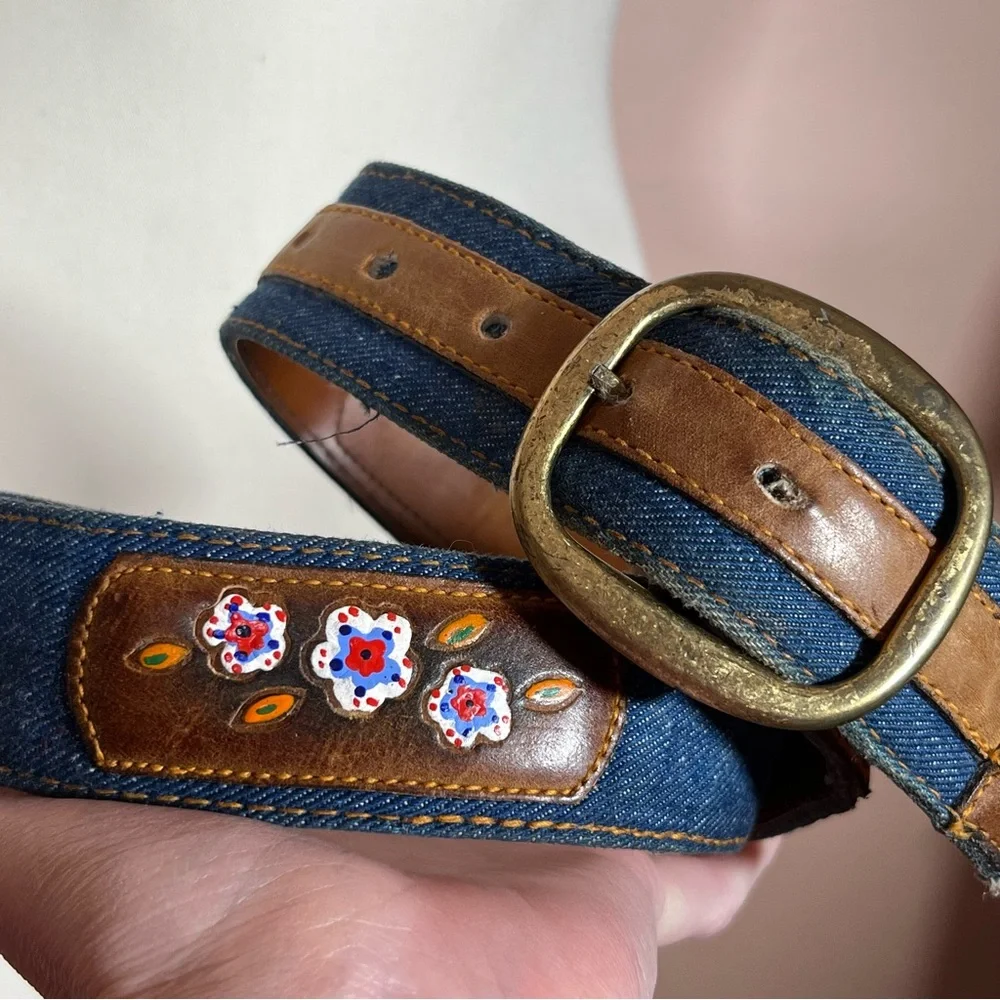 Vintage 1970 Hickok mod floral tooled Leather Denim Western Belt Festival sz 30